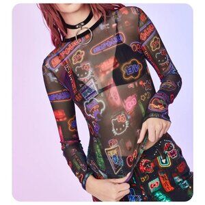 Hello Kitty Graphic Neon Print Sign Kawaii Punk Sheer Mesh Long Sleeve Top sz xs